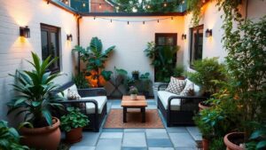 Small garden patio with seating and plants.