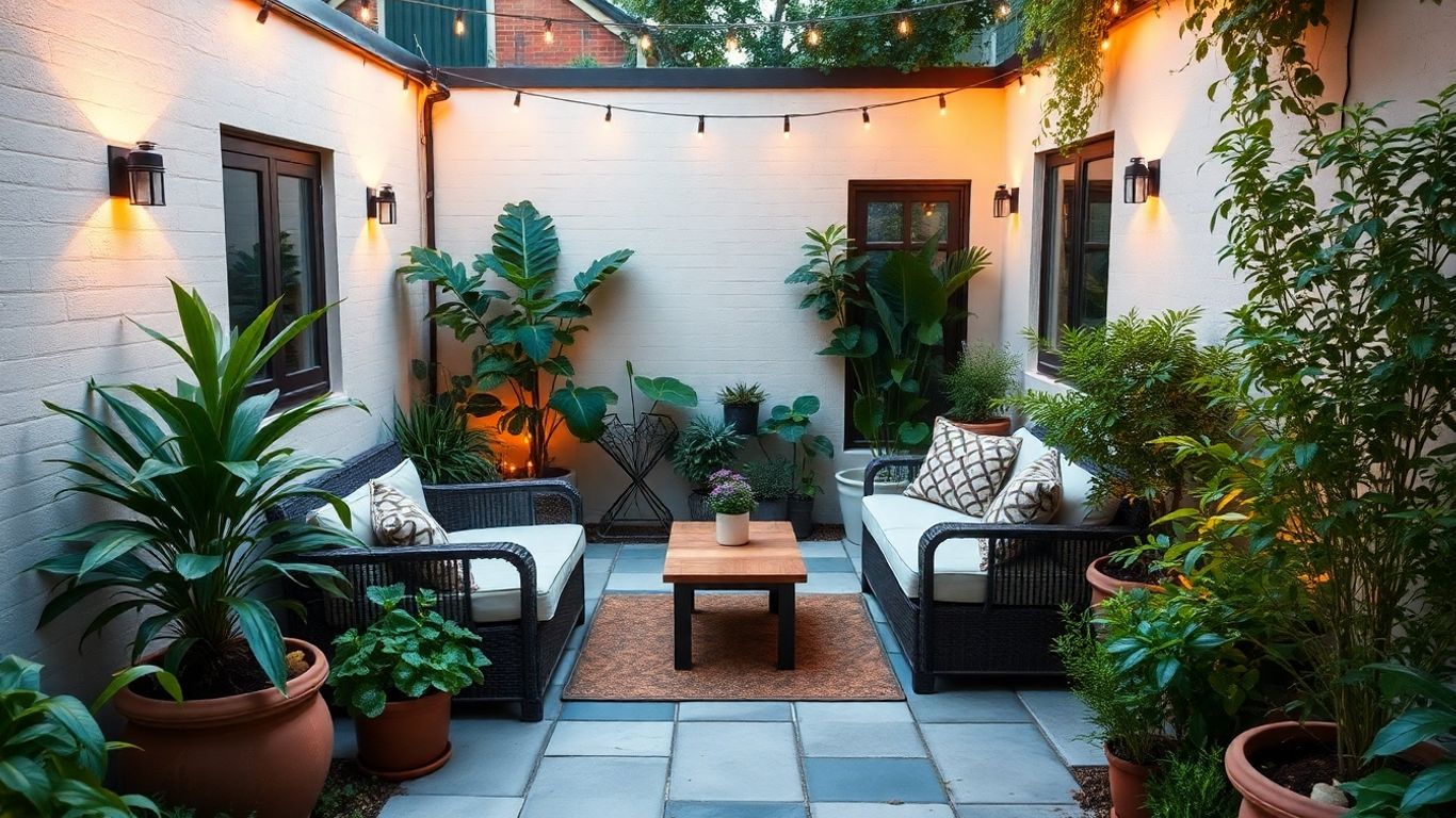 Small garden patio with seating and plants.