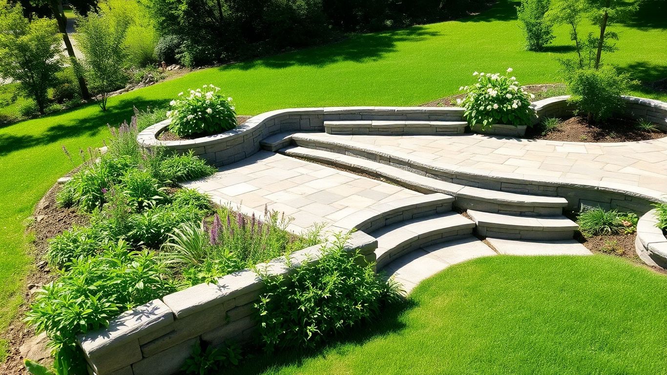 Patio on a sloping garden in Devon.