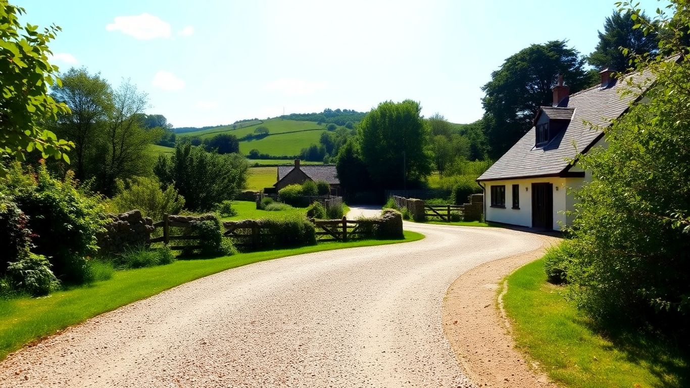 Gravel driveway leading to a rural cottage in South Hams.