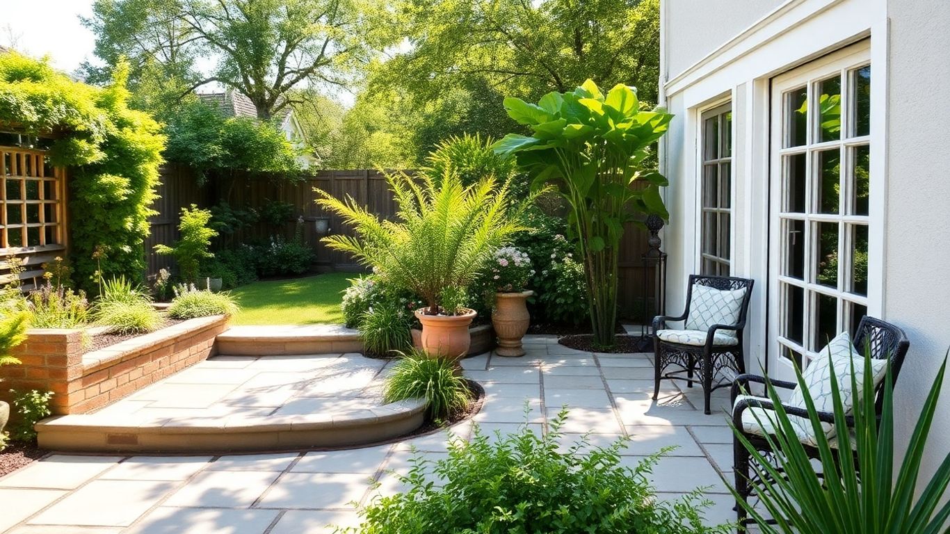 Coastal patio in Kingsbridge with stone paving and plants.