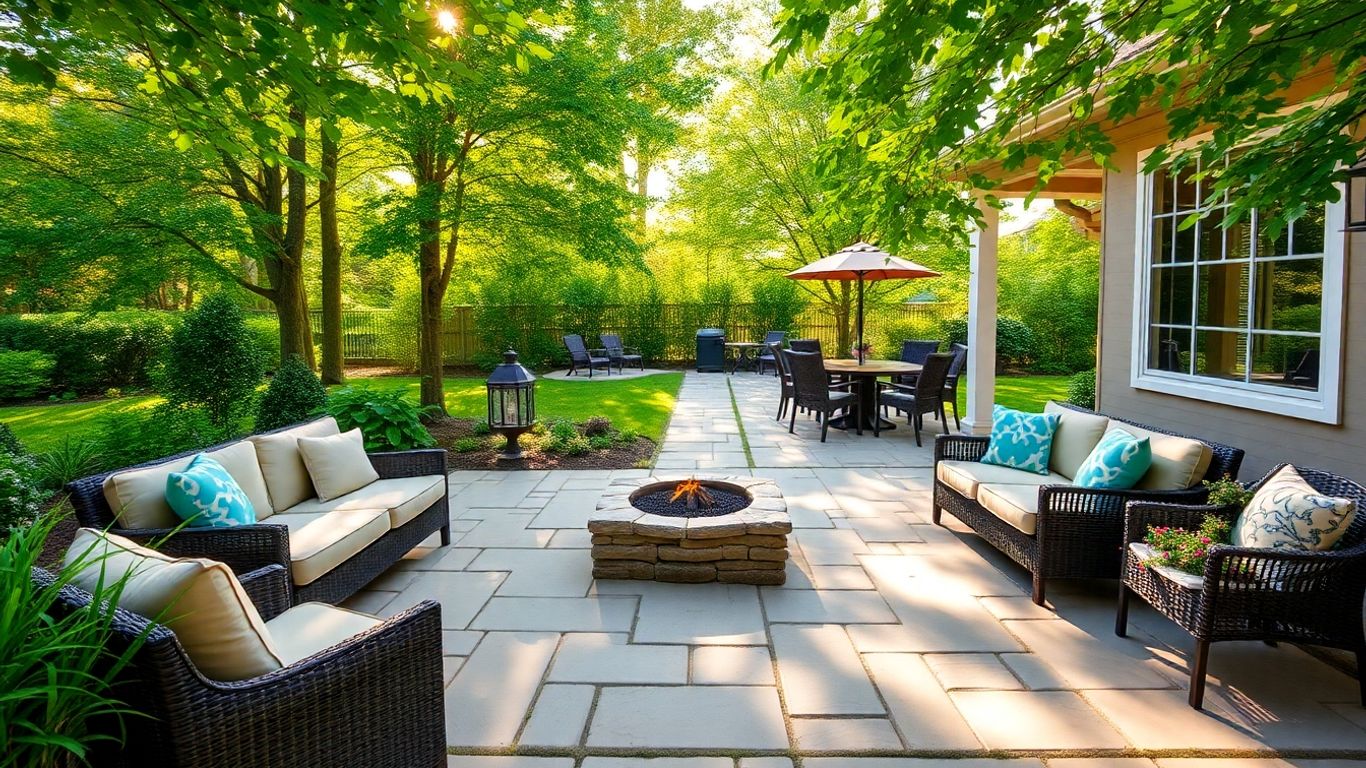 A modern patio with seating and a fire pit.